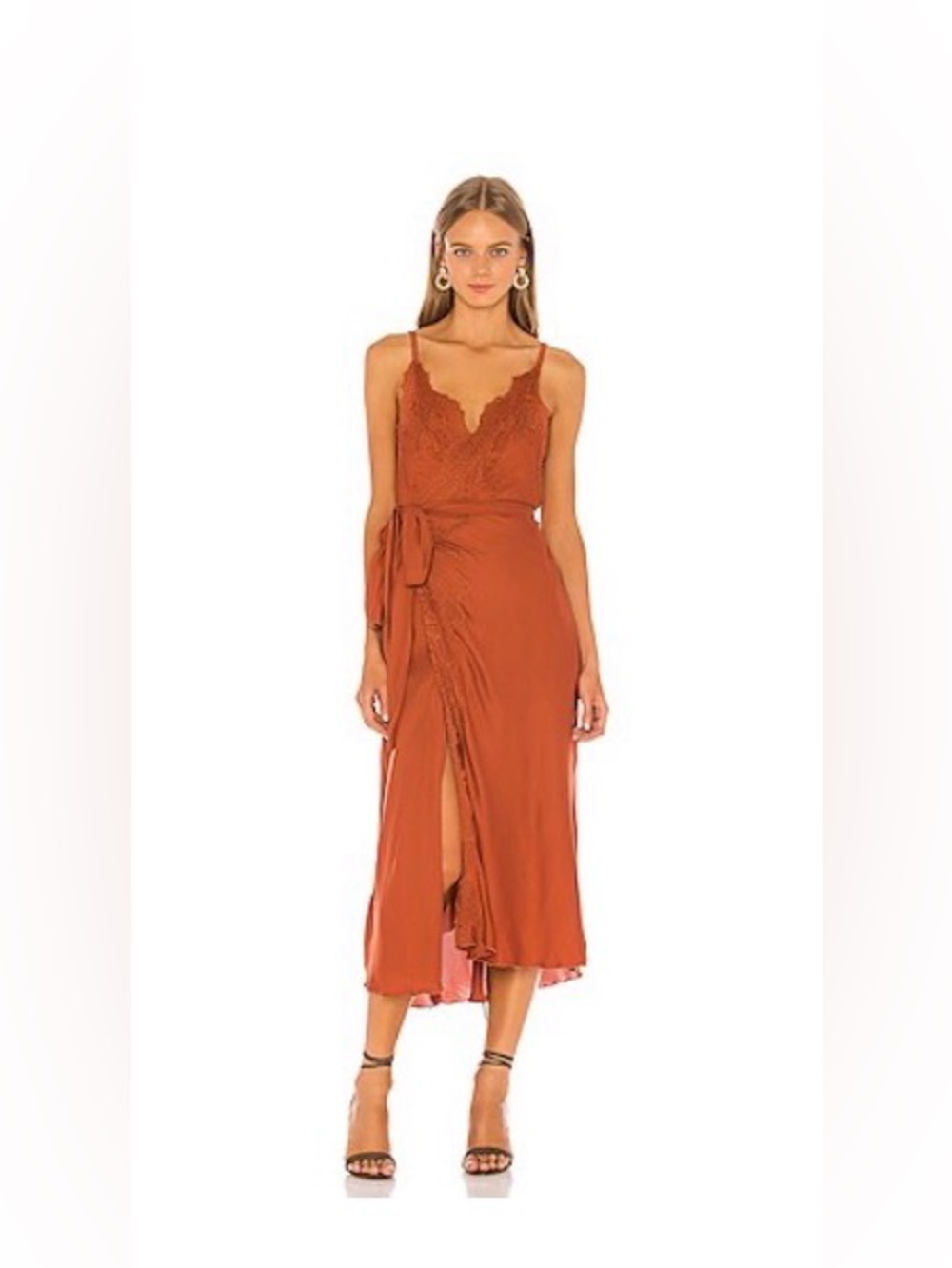 LIKE NEW! HAH Hot as Hell Brand Lace-Trim Rust Midi Wrap Dress with Tie Waist